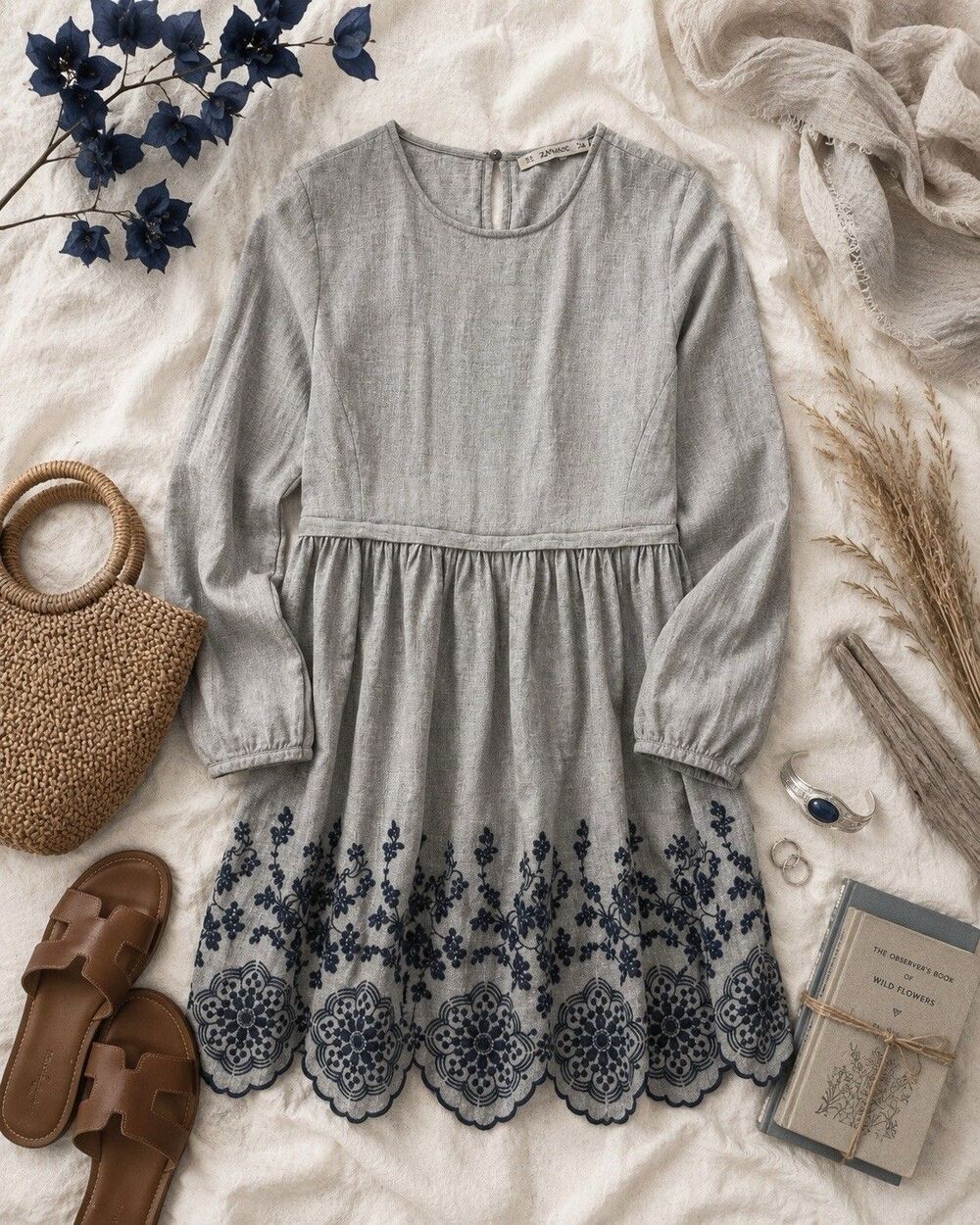 Zara Gray Blue Embroidered Dress XS